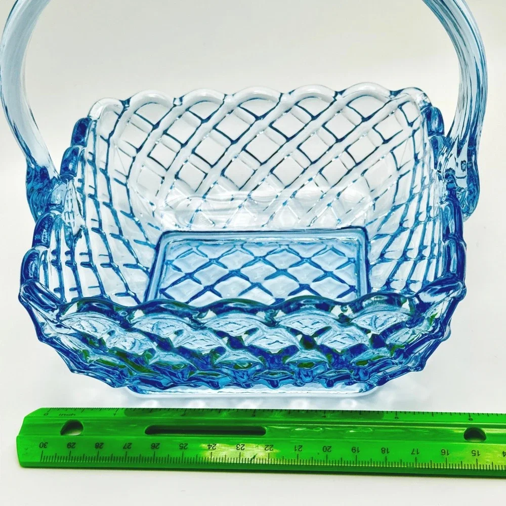 Vintage L.E. Smith Blue Glass Trellis Basket Woven Lattice Handle Cottagecore